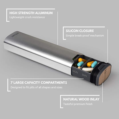 7 Day Weekly Pill Organizer 2.0 by mbarc - Premium Stylish Aluminum and Wood Large Capacity Pill Box for Supplements, Pills, Vitamins and Medication. (Metallic Silver)