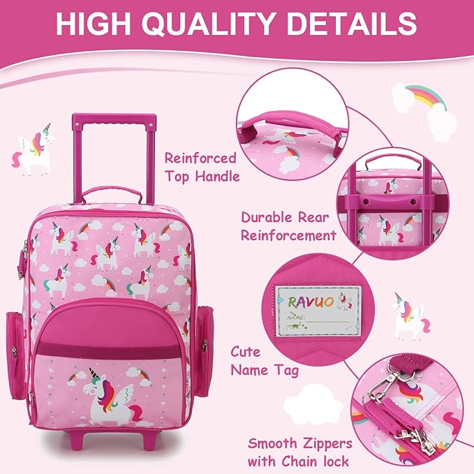 RAVUO Kids Luggage with Wheels for Boys Girls, Cute Travel Carry On Suitcase for Children Toddlers Classic Rolling Luggage with Large Front Pocket for School and Overnight
