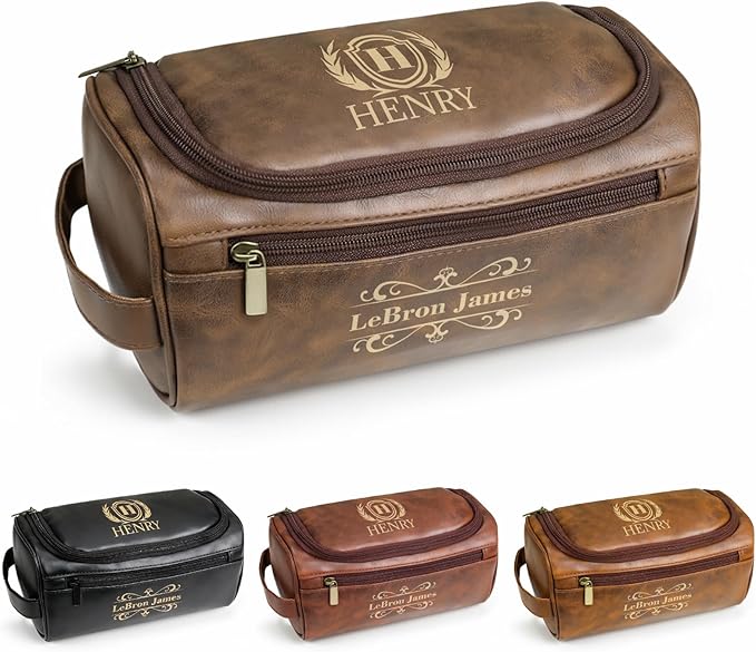 Personalized Toiletry Bag for Men, Custom Leather Shaving Dopp Kit for Him, Engraved Name Initials Travel Bag for Husband, Personalized Christmas Birthday Gifts for Men Dad Groomsmen-Camel