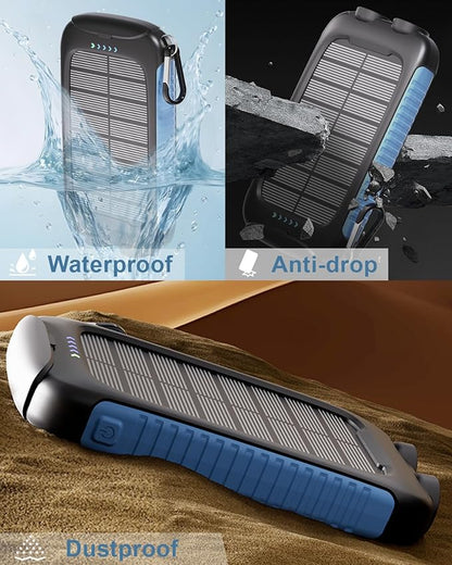 solar power bank, 20000mAh portable charger 5V/3A Fast Charging with USB-A and USB-C Ports battery bank Compatible with iPhone,Samsung,Waterproof,Emergency LED Flashlights for Camping, Hiking,Outdoor