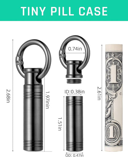 TISUR Small Keychain Pill Holder ，Titanium Metal Travel Pill Case Portable Pill Organizer Container for Purse Waterproof EDC Medicine Bottle C34 (1PC Tiny Pill Case-Black)