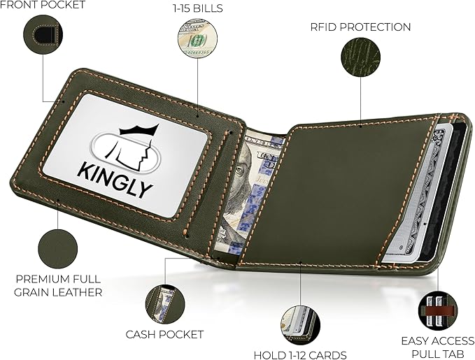 Kingly Cash Pocket Slim Wallet for Men - RFID Blocking Leather Card Holder - Minimalist Men’s Wallet for Front Pockets - Holds 1-15 Cards & Cash - Durable Italian Leather Wallets