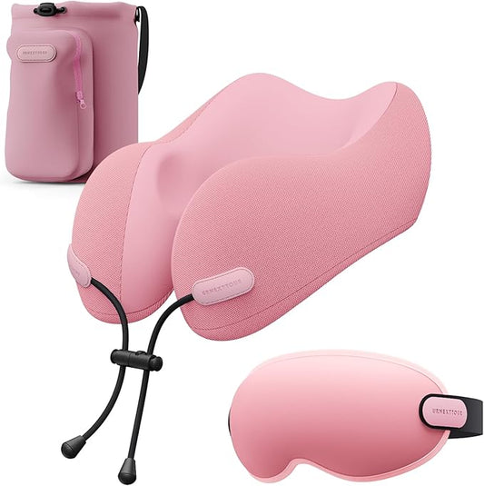 Neck Pillow for Travel Memory Foam Design Models Pillows with Zero Eye Pressure 3D Eye Mask and Compact Bag Traveling Essentials Plane Car Flight Rest Sleeping Use Adult, Pink