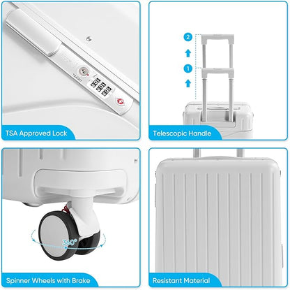 20'' Luggage with Child Seat, Ride On Suitcase with Shockproof Silent Spinner Wheels, TSA Lock, Carry On Luggage with Foldable Backrest, Bag Hook for Kids.