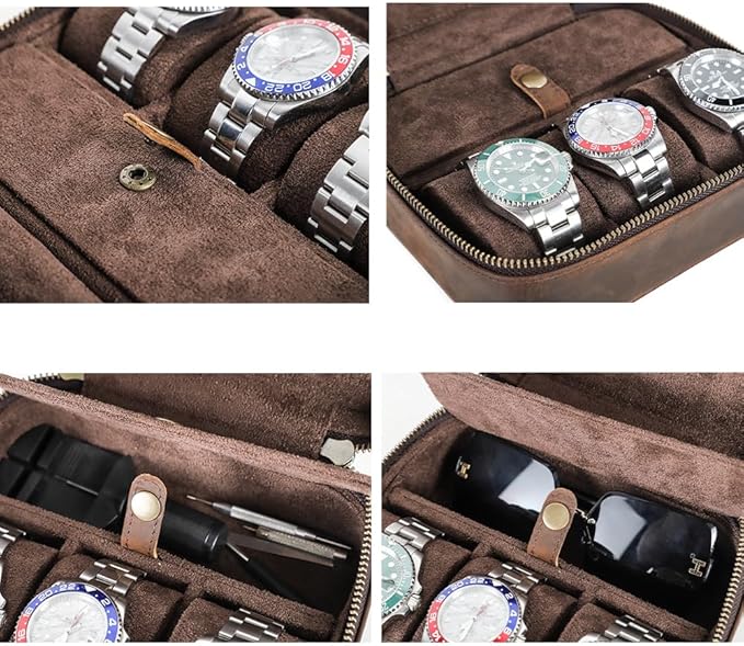 CONTACTS Watch Case Travel Sunglasses Holder for Men Full Grain Leather Jewelry Organizer for 3 Watches and Watch Straps or 1 Sunglasses
