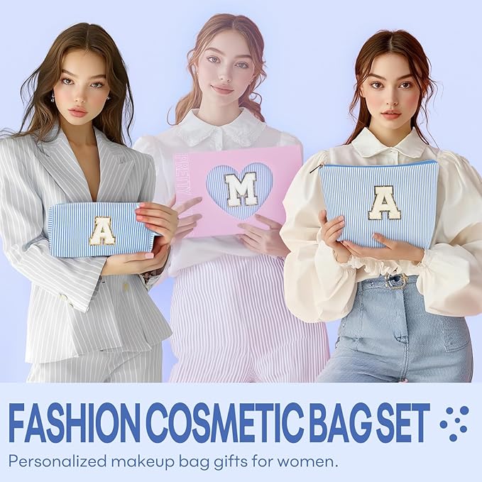 2 PCS Initial Makeup Bags for Women: Cosmetic Bag for Travel Toiletry - Birthday Gifts for 11 12 13 14 15 16 17 18 Years Old Girl Graduation Teacher Gift- Teen Girl Gifts Trendy Stuff - Blue G