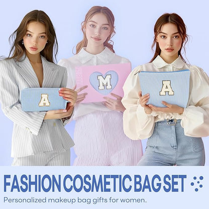 2 PCS Initial Makeup Bags for Women: Cosmetic Bag for Travel Toiletry - Birthday Gifts for 11 12 13 14 15 16 17 18 Years Old Girl Graduation Teacher Gift- Teen Girl Gifts Trendy Stuff - Blue R