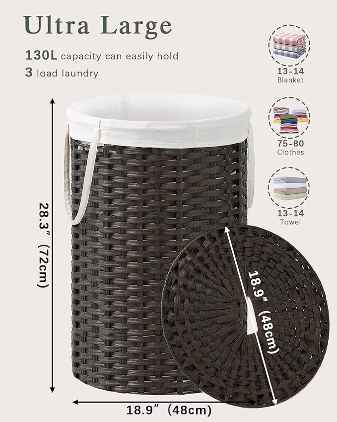 Large Laundry Hamper Laundry Basket Round 34.3 Gal (130 L) Handwoven Wicker Laundry Baskets Rattan Laundry Basket with Laundry Bag Handles 2 Mesh Bags for Living Room Bedroom Brown