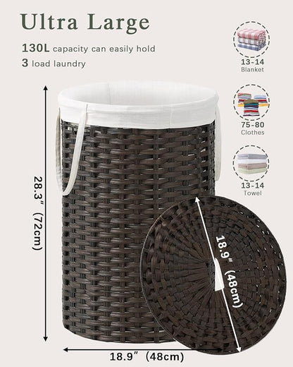 Large Laundry Hamper Laundry Basket Round 34.3 Gal (130 L) Handwoven Wicker Laundry Baskets Rattan Laundry Basket with Laundry Bag Handles 2 Mesh Bags for Living Room Bedroom Brown