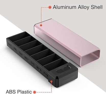 HEIYING Pill Organizer with Aluminum Shell for One Week Capacity, Portable 7 Compartments Pill Box Container to Hold Vitamin, Medicine, Supplements