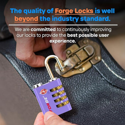 Forge Dual-Opening: Key or Combination Access Lock, TSA Approved Locks for Luggage, Pelican case, Travel, Gym, School, Stainless Steel Shackle. (Purple, 2 Pk)