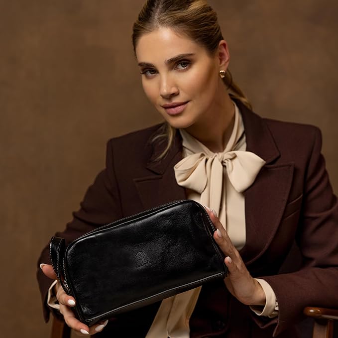 Time Resistance Leather Cosmetic Bag Toiletry Italian Classy Dopp Kit