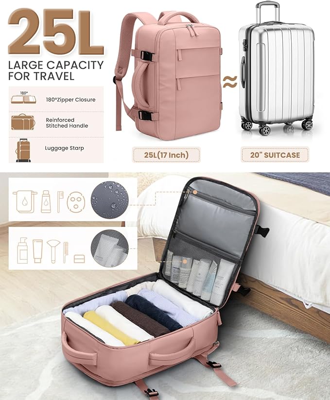 Travel Backpack for Women Man, Waterproof Laptop Backpack Travel Bag Airline Approved Carry on Weekender Overnight Bag Bookbag for Business,Travel, Work Fits 17.3 inch Laptop(Large,Pink)