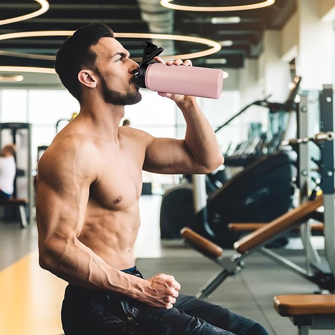 Insulated 24oz Stainless Steel Metal Water Bottle with Straw & Wide Mouth Lid, Double Wall Vacuum Bottle for Hiking & Camping, Pink 8 Pack