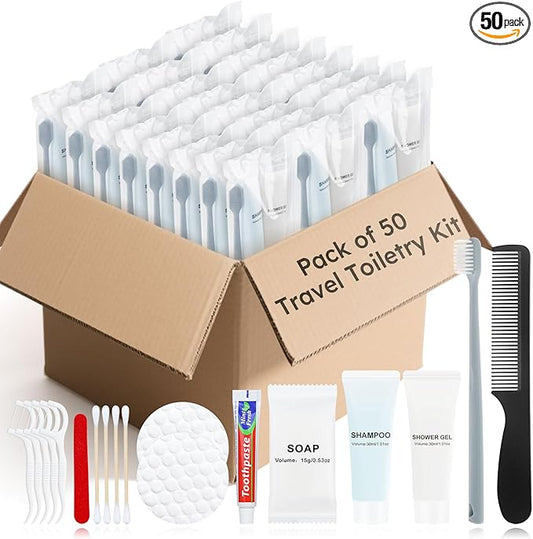 Hygiene Kits and Bulk Convenience Kits Feature Double-Sealed Individual Packaging. Personal Hygiene Kits are Suitable for Hotels, Camping, Home Use, and Travel (50-Pack)