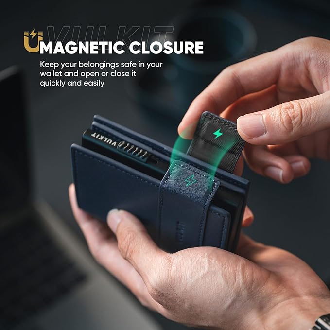 VULKIT Card Holder Bifold Pop Up Leather Wallet for Men RFID Blocking Metal Card Case, Holds 9 Cards and Banknotes Navy