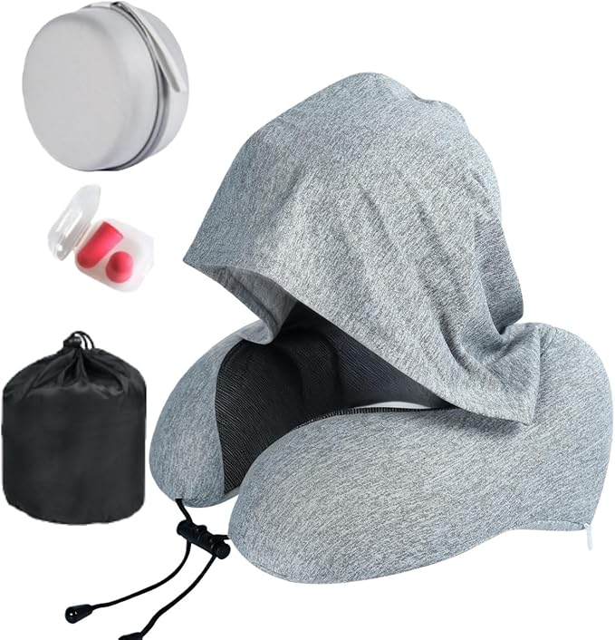 Travel Pillow with Extra Large Hood Rollable Airplant Hooded Neck Pillow with Memory Foam Filling and Removable, Skin-Friendly Cover with a Carrying Pouch