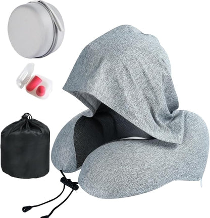 Travel Pillow with Extra Large Hood Rollable Airplant Hooded Neck Pillow with Memory Foam Filling and Removable, Skin-Friendly Cover with a Carrying Pouch