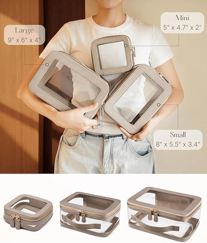 Clear Cosmetic Bag Set for Women Makeup Bag with Handle, 3 Pcs Travel Toiletry Bag Transparent Cosmetic Case Portable Make Up Organizer Bag for Essentials (Stone, Mini+S+L)