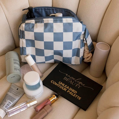 Tiny Twinkle Waterproof Travel Toiletry & Makeup Bag Organizer | Large Capacity Cosmetic Case with Compartments & Handle, A Thoughtful Travel Companion for Women（Blue Checkers