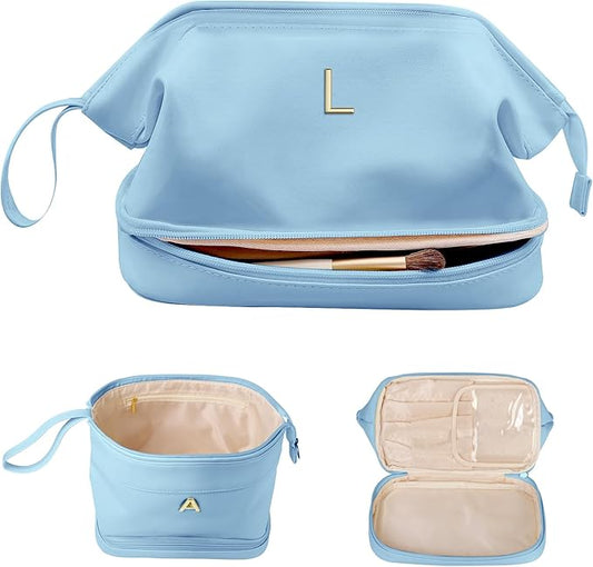 Initial Large Makeup Bag, Gift for Women Personalized Double Layer Cosmetic Bag with Makeup Brush Organizer, Teacher Gift, Large Capacity PU Leather Travel Toiletry Bag Graduation Gift