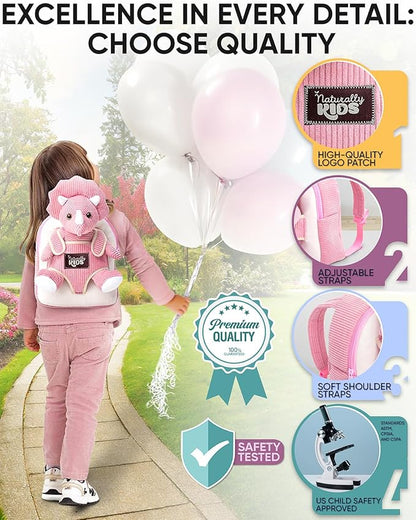 Naturally KIDS Pink Triceratops Toy, Triceratops Stuffed Animal for 2 3 4 5 Year Old Girl, Stuffed Dinosaur for Girls, Pink Toddler Backpack