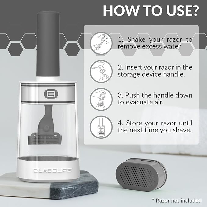 BLADELIFE Razor Storage Device for Women & Men Dark Grey - Fits All Leading Razors - Doubles The Life of Your Blade - Razor Travel Case 2024 New Model