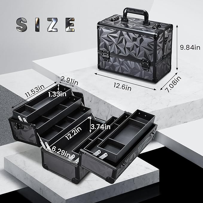 FRENESSA Makeup Case Extra Large Makeup Train Case 12.6 Inch Makeup Box Organizer Profressional Make Up Cases Storage Cosmetic Artist Travel Case with Divider Shoulder Strap Hard Vanity Dark Black