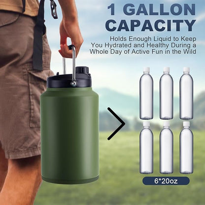 Tronco 1 Gallon Water Bottle, 128 oz Large Stainless Steel Triple Wall Vacuum Insulated Water Jug with Straw Lid and Spout, Keep Cold 48 Hrs, Top Handle, Leak Proof, Wide Mouth, Sweat Proof, BPA Free