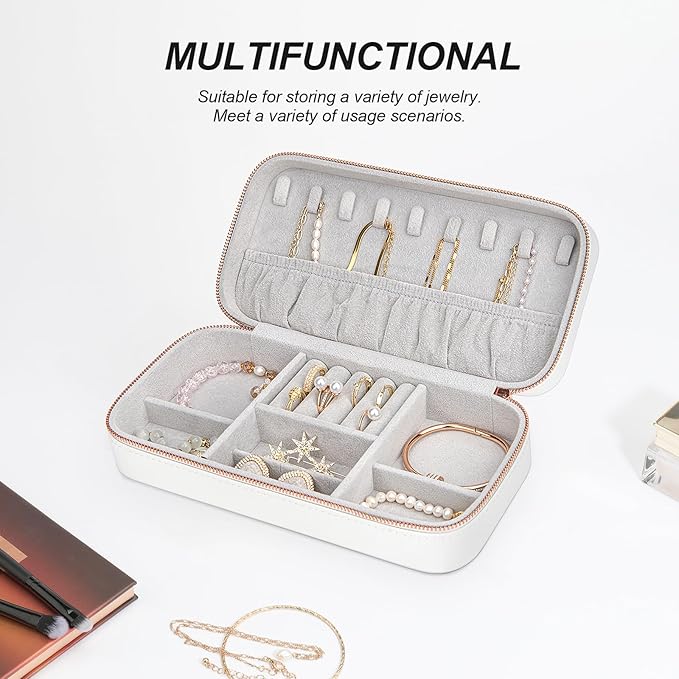 Travel Jewelry Boxes Organizer, Zippered Portable Small Travel Jewellery Boxes for Women, Earring Organizer for Rings Earrings Necklaces White