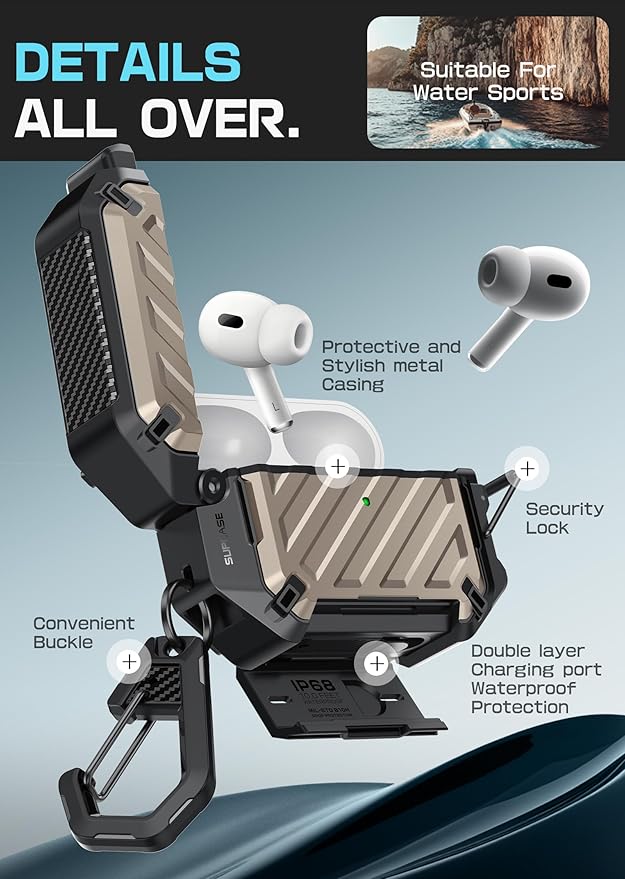 SUPCASE for AirPods Pro 3 Case with Lock & Carabiner, [IP68 Waterproof] [Military-Grade Protection] [Supports Wireless Charging] Anti-Scratch Hard Shell Cover for AirPods Pro 3rd Gen, Desert