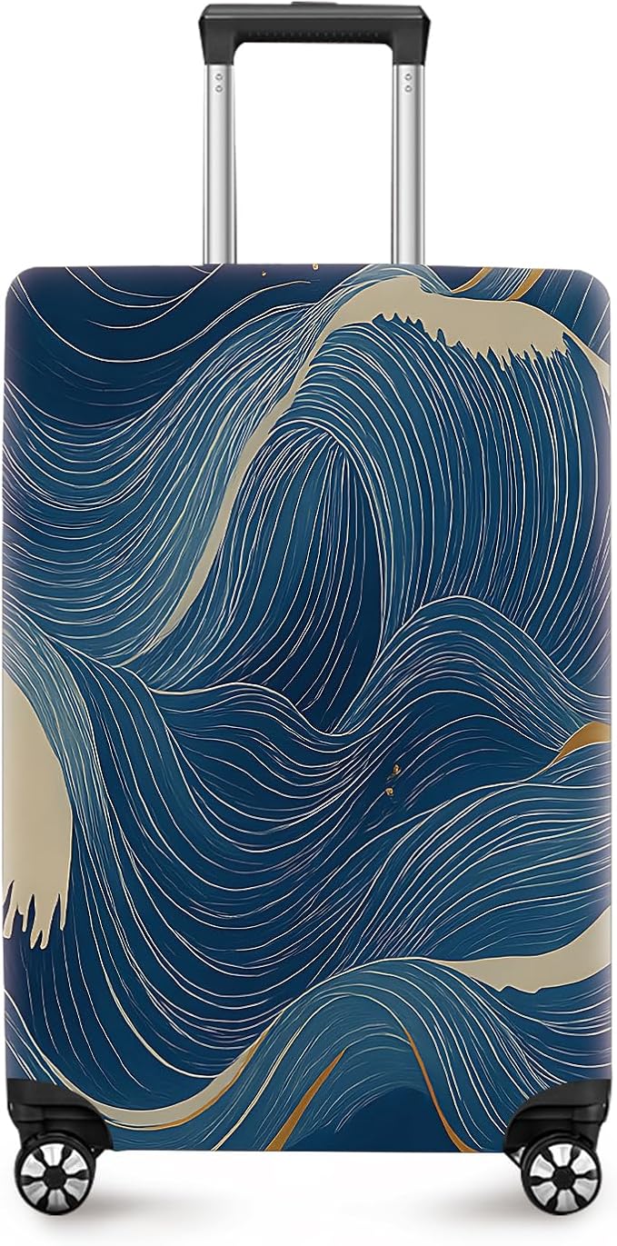 ANNA QUEEN Ocean Wave Luggage Cover, Elegant Blue Flow Line Design Suitcase Protector, Washable Stretchable Travel Sleeve for 32-34 Inch Luggage