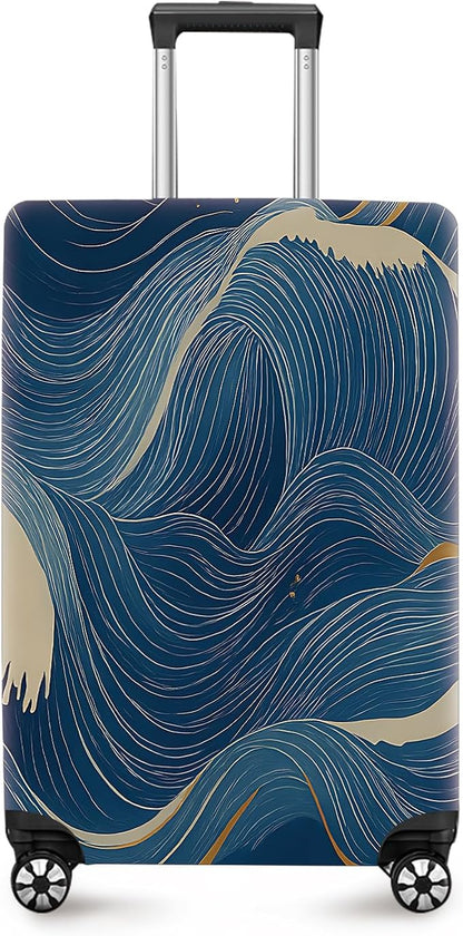 ANNA QUEEN Ocean Wave Luggage Cover, Elegant Blue Flow Line Design Suitcase Protector, Washable Stretchable Travel Sleeve for 28-30 Inch Luggage