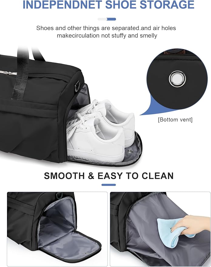 Gym Bag for Women Men, Sport Duffel Bag with Toiletry Bag & Shoe Compartment,Waterproof Travel Weekender Overnight Carry on Bag for Yoga with Trolley Sleeve, Black Set