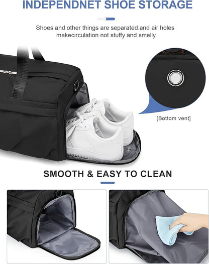 Gym Bag for Women Men with Shoe Compartment, Sport Duffel Bag, Waterproof Travel Weekender Overnight Carry on Bag for Yoga with Trolley Sleeve, Black