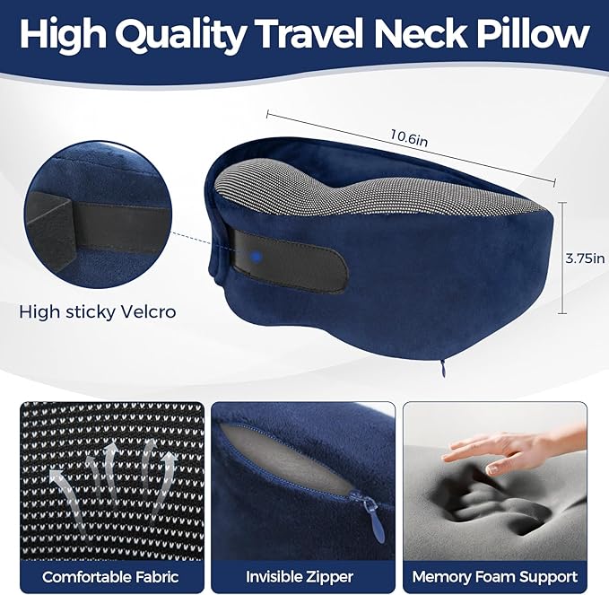 Memory Foam Neck Pillow for Airplane Travel - Ergonomic Support for Long Flights, Car Rides, Office & Home Use - Includes Contoured Eye Mask & Head Support - Adjustable Sizes M-L（Navy）