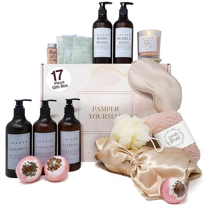 17-Piece Luxury Gift Set with Robe | Complete INFUSÉ White Tea & Coconut Bath Collection | Self-Care Kit with Bath Bombs, Face Masks & Hair Care | Bridesmaid, Mom, Wife, Grandma or Loved Ones