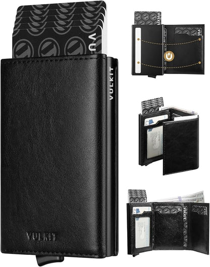 VULKIT Pop up Card Wallet Minimalist Cash Wallets RFID Blocking Leather Smart Credit Card Holder with ID window for Men(Black)
