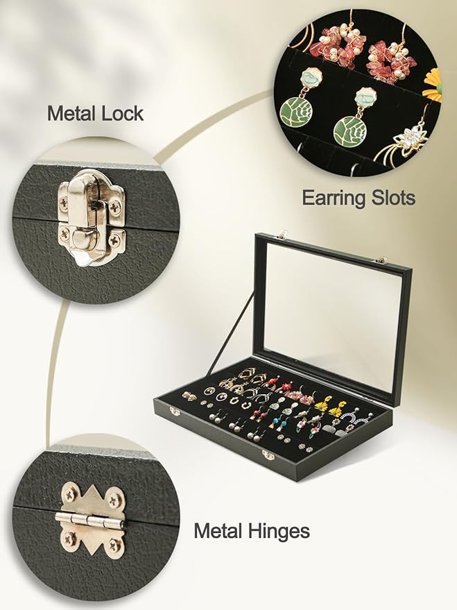 Coward Earring Organizer Tray Box, Black Velvet Earring Jewelry Display Storage Tray Case with Transparent Glass Lid for Home Drawer or Shop Selling