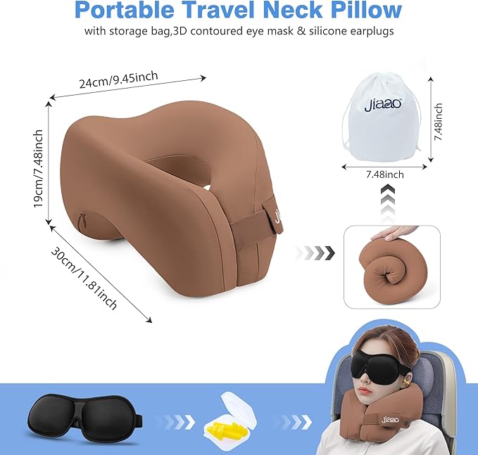 jiaao Neck Pillow Airplane, Memory Foam Travel Neck Pillows for Long Flight, 3D Eye Masks, Ear Plugs and Portable Drawstring Bag, Napping Pillow for Home, Road Trips, Sleep Rest and Travel Use