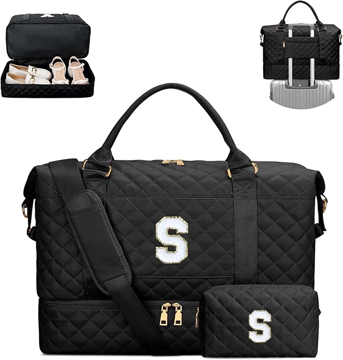 Gifts for Teen Girls Women Initial Travel Duffle Bag Quilted Weekender Carry-On Overnight with Cosmetic Bag, Gym Bag with Shoe Compartment, Black S