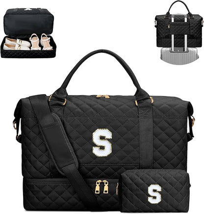 Gifts for Teen Girls Women Initial Travel Duffle Bag Quilted Weekender Carry-On Overnight with Cosmetic Bag, Gym Bag with Shoe Compartment, Black S