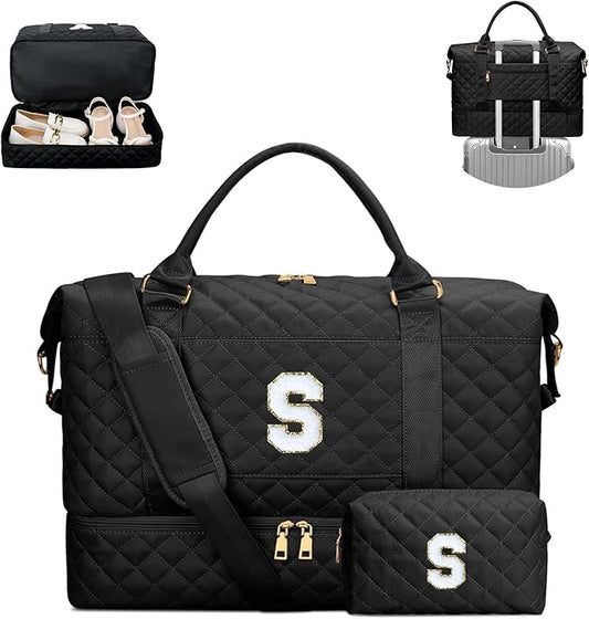 Gifts for Teen Girls Women Initial Travel Duffle Bag Quilted Weekender Carry-On Overnight with Cosmetic Bag, Gym Bag with Shoe Compartment, Black S