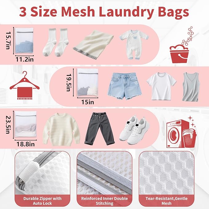 Laundry Bag Backpack with 3 Sizes Mesh Wash Bags and Shoulder Straps Foldable Clothes Hamper Bag with Drawstring Closure for College, Apartment, Laundromat (Red)