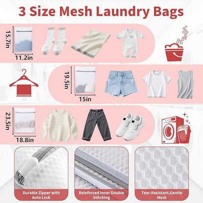 Laundry Bag Backpack with 3 Sizes Mesh Wash Bags and Shoulder Straps Foldable Clothes Hamper Bag with Drawstring Closure for College, Apartment, Laundromat (Red)