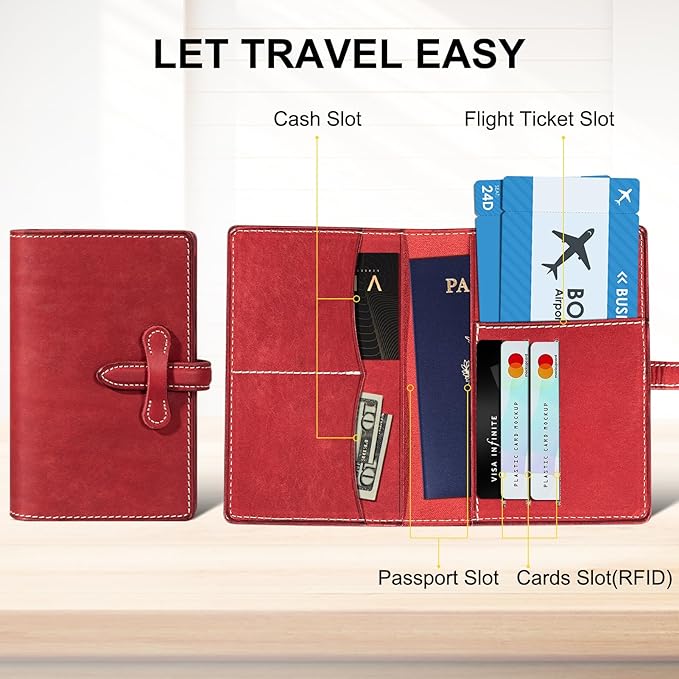 Leather Passport Holder for Travel Women Men, RFID Blocking Card Slot, Top-Grain leather with Magic Buckle, Boarding Pass Pocket,Retro Passport Wallet,Red