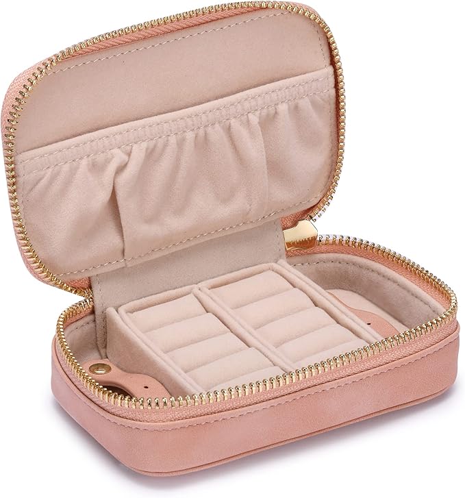 HISCOW Vegan Leather Travel Jewelry Case with Zipper - Portable Necklace & Earring Holder Organizer for Women Girls, Velvet-Lined Ring Box with Anti-Tarnish Design, Pink