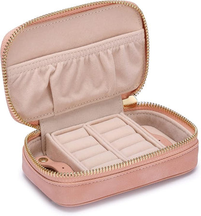 HISCOW Vegan Leather Travel Jewelry Case with Zipper - Portable Necklace & Earring Holder Organizer for Women Girls, Velvet-Lined Ring Box with Anti-Tarnish Design, Pink