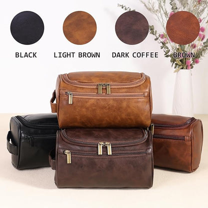 Toiletry Bag for Men, Hanging Travel Shaving Dopp Kit for Men and Women, Water-resistant Toiletries Organizer Bags, PU Leather Cosmetic Bags for Makeup Accessories (Dark Brown)