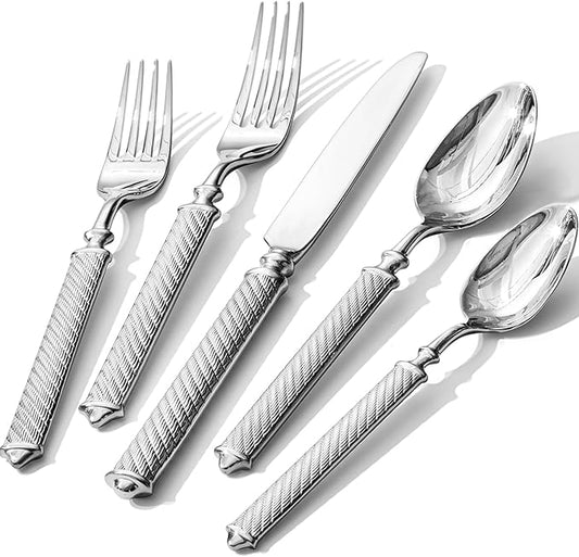KINGSTONE Retro Rope-Pattern Silverware Set, 40-Piece Flatware Set Cutlery Set Forged with Handcrafted Texture Handles 18/10 Stainless Steel, Dishwasher Safe